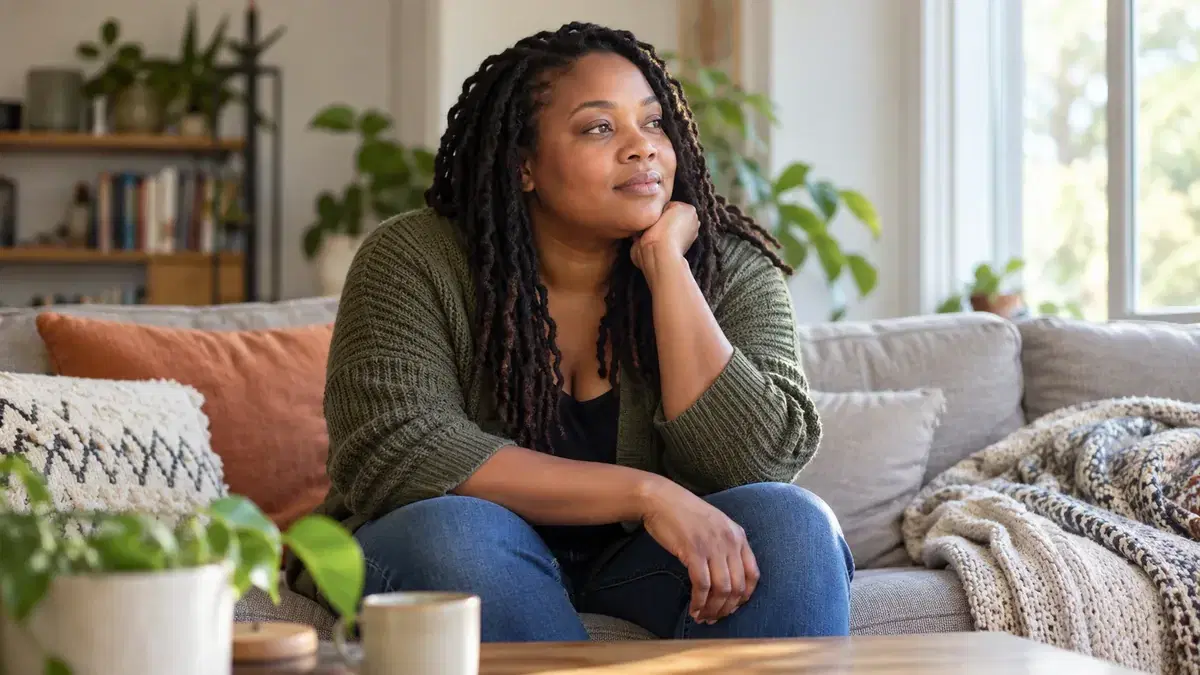 A Black adult sitting comfortably at home